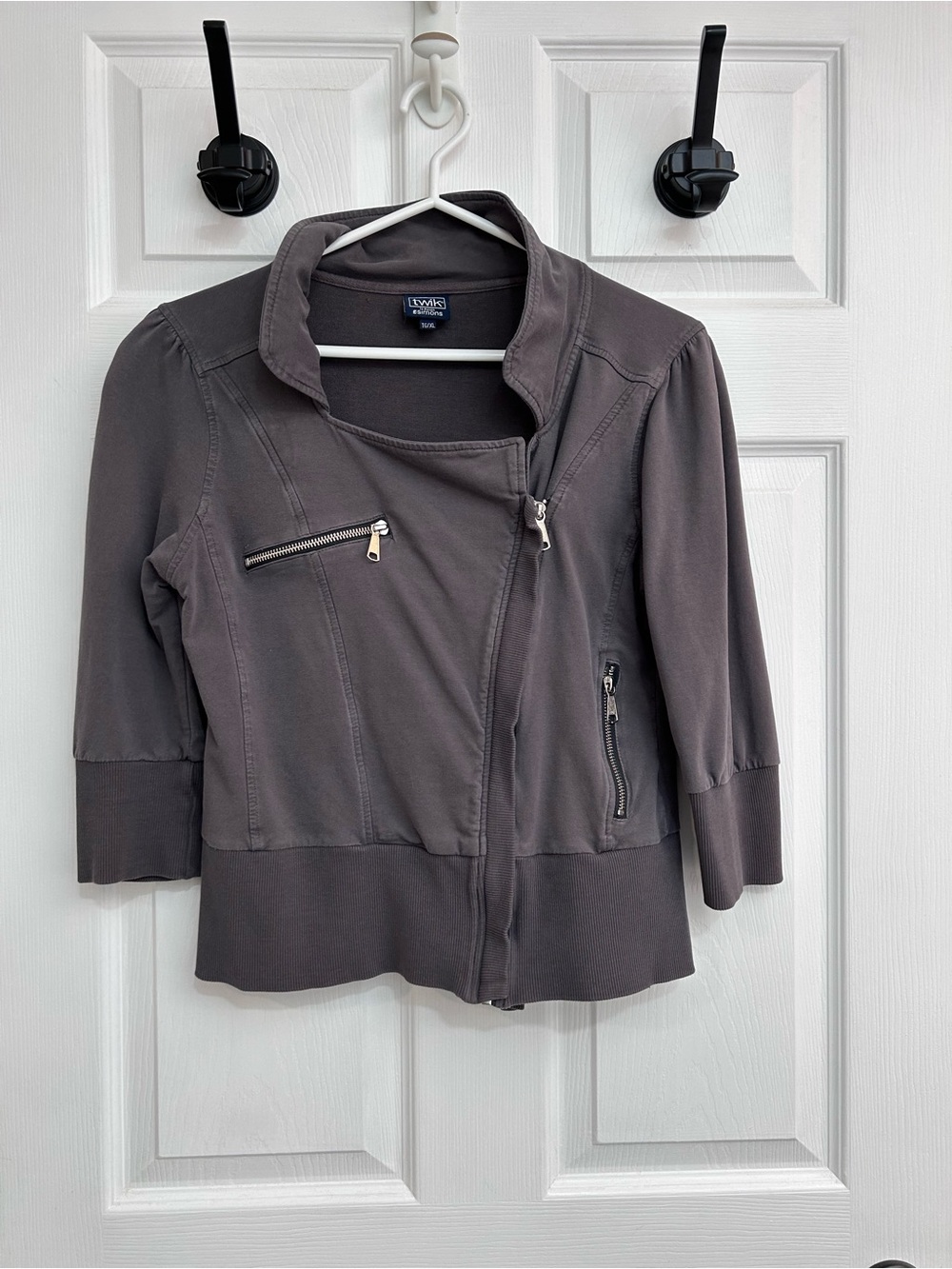 NYDJ Charcoal Gray Asymmetrical Zip Moto 3/4 Sleeve Sweater